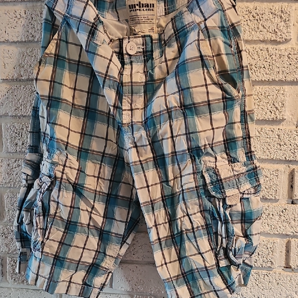 Urban Pipeline Teal and White Plaid Cargo Shorts